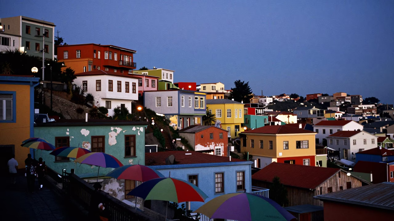Blue Hour Street Photography in Valparaiso Chile with Colorful Umbrellas and Historic Architecture in in Valparaiso, Chile