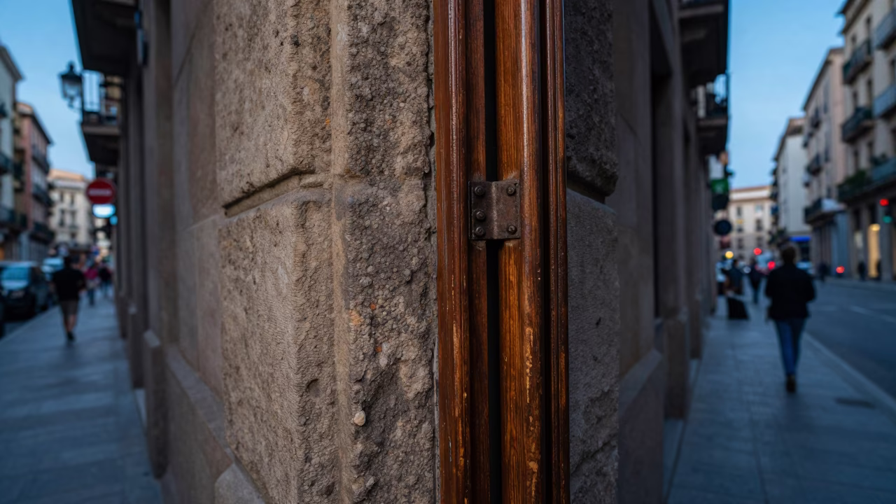 Blue Hour Street Photography of Barcelona Spain Doorframe and Hinge Detail in in Barcelona, Spain