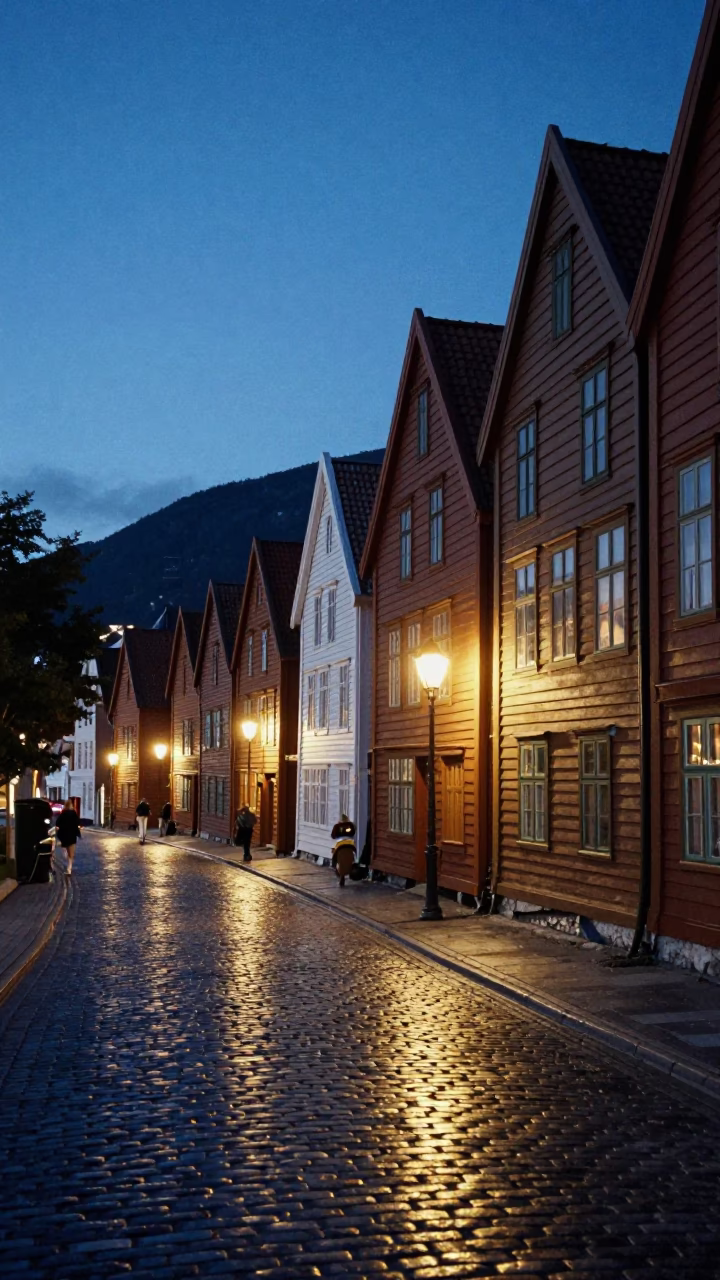 Blue Hour Street Photography of Bergen Norway Fjord City Lights and Cobblestone in in Bergen, Norway