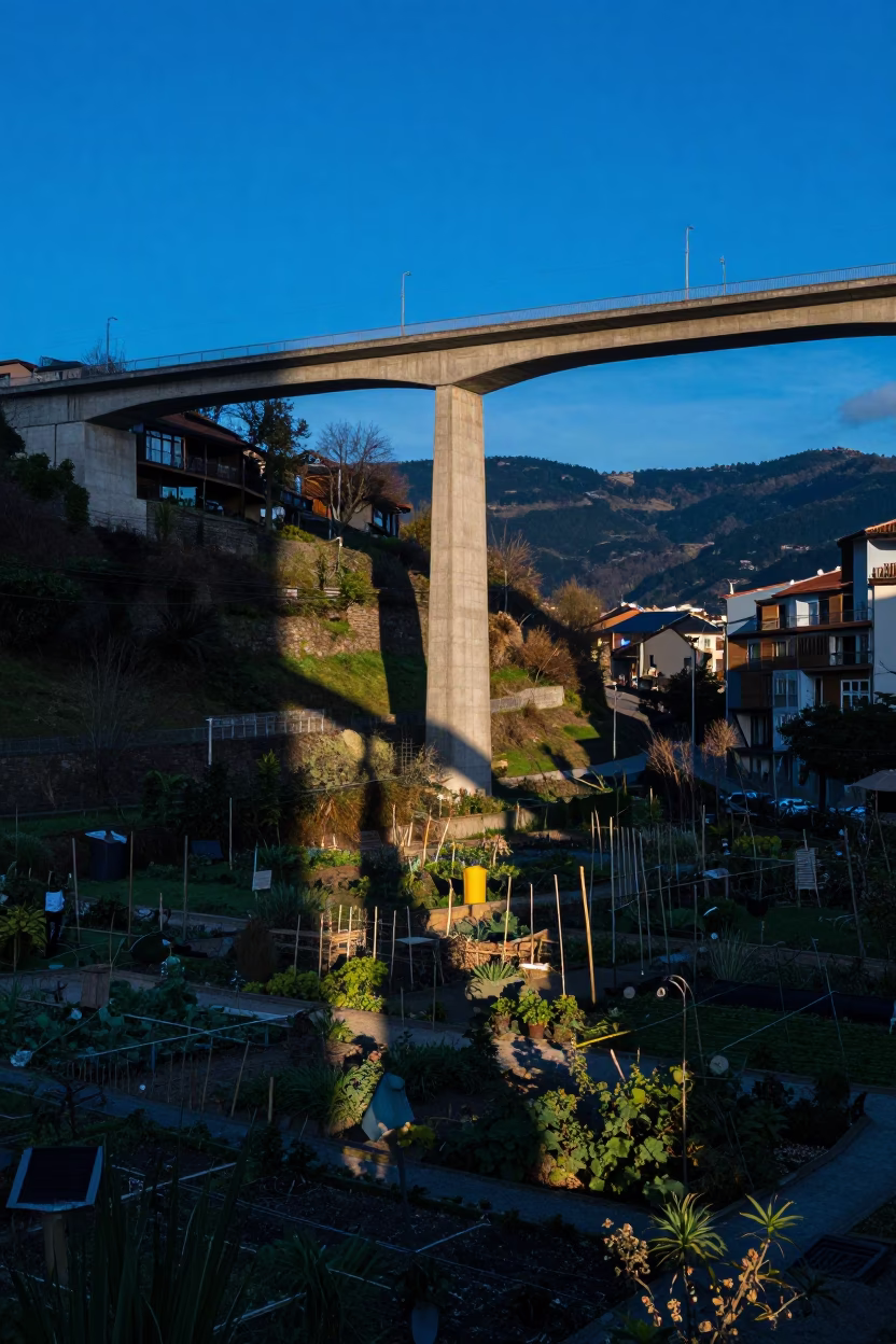 Blue Hour Street Photography of Bilbao Spain Viaduct Shadow Over Allotment Gardens After Rain in in Bilbao, Spain