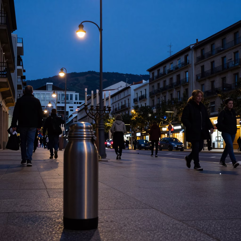 Blue Hour Street Photography of Bilbao Spain with Thermos and Candelabra in in Bilbao, Spain