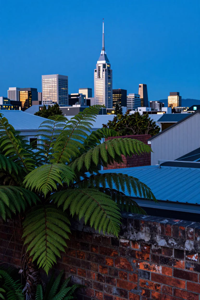 Blue Hour Street Photography of Christchurch Rooftops and Ferns in in Christchurch, New Zealand