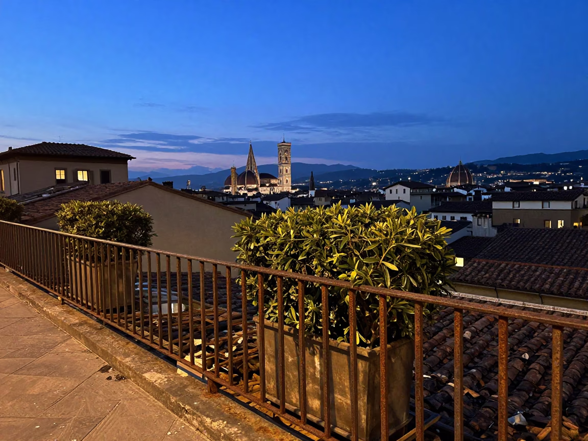 Blue Hour Street Photography of Florence Italy with Rusty Railings and Boxwood Hedges in in Florence, Italy