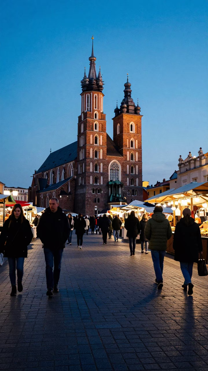 Blue Hour Street Photography of Krakow Poland Evening Market Scene in in Krakow, Poland