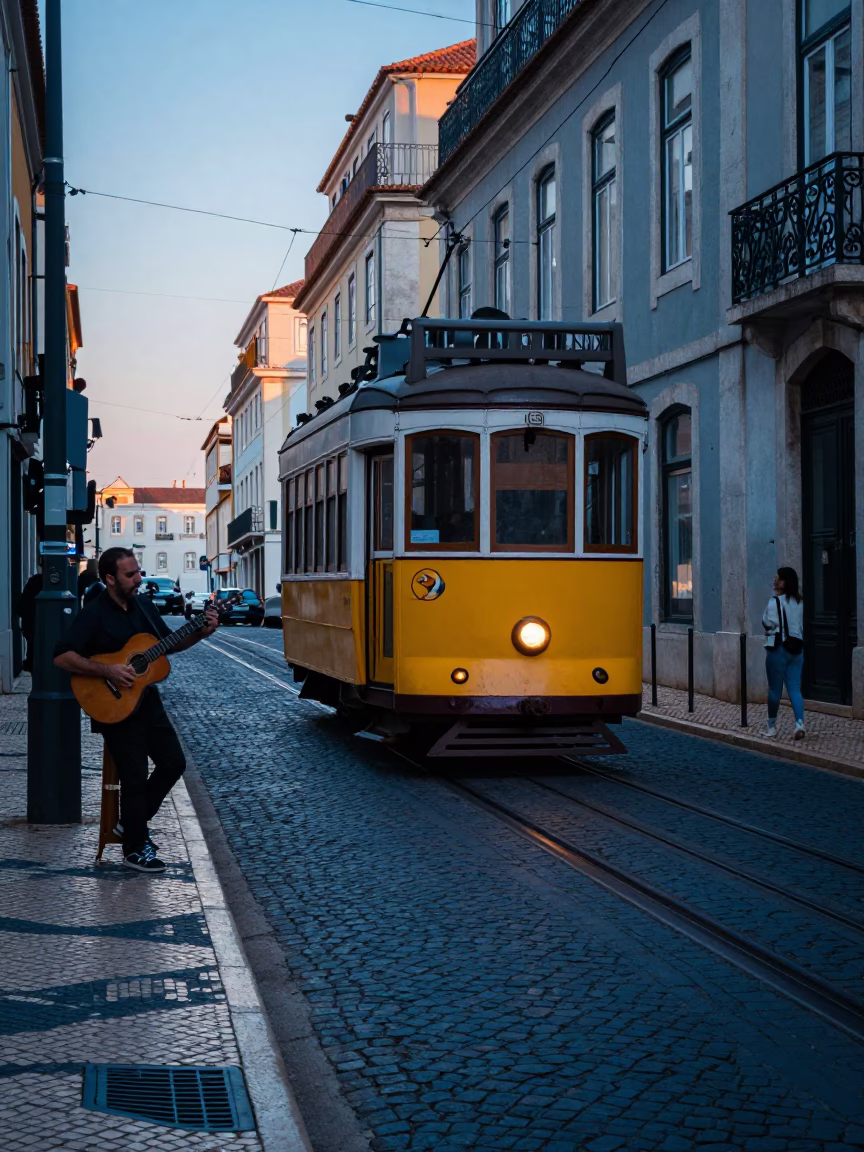 Blue Hour Street Photography of Lisbon Portugal with Tram and Fado Musician in in Lisbon, Portugal