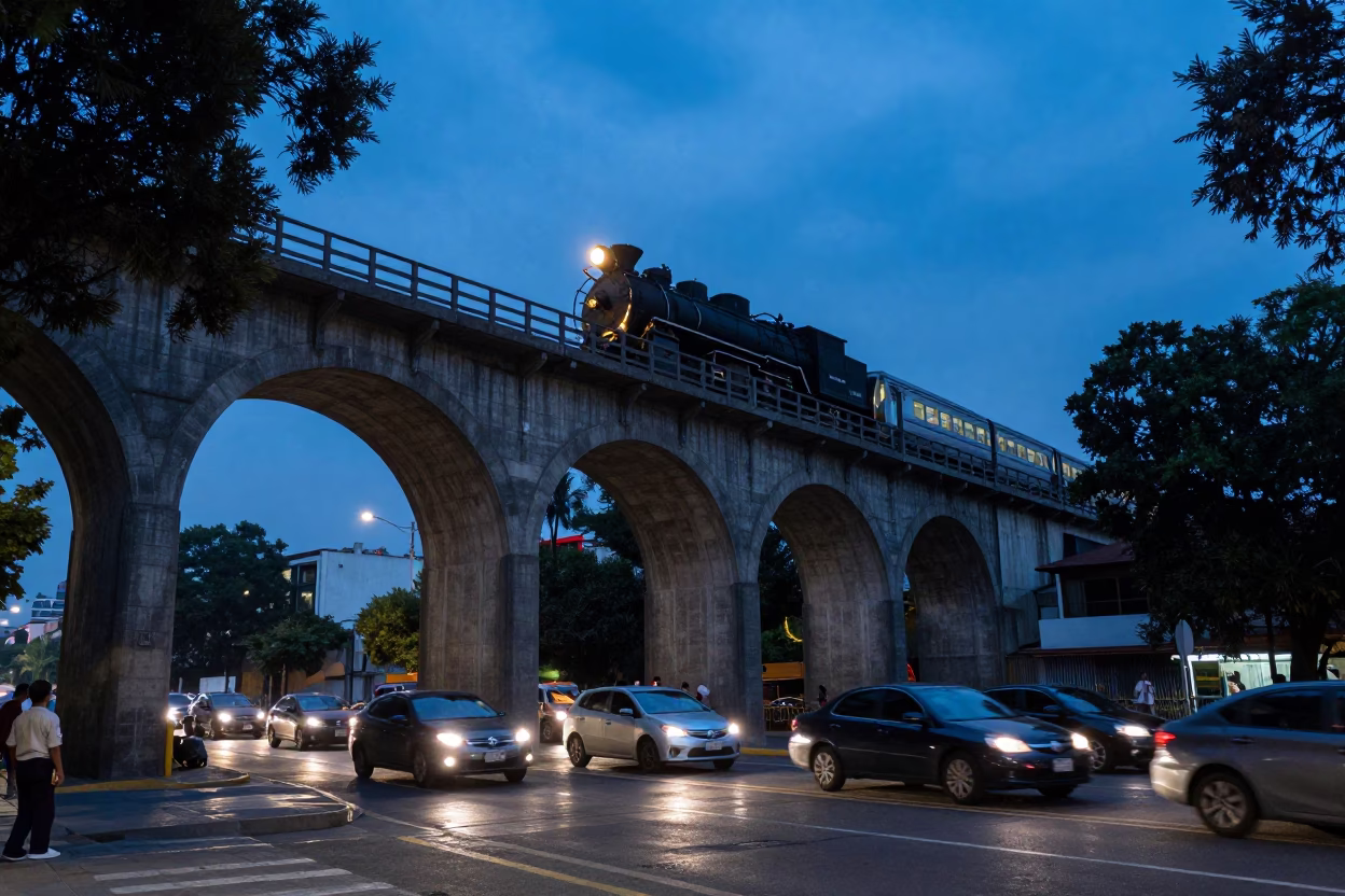 Blue Hour Street Photography of Mexico City Viaduct and Evening Life in in Mexico City, Mexico