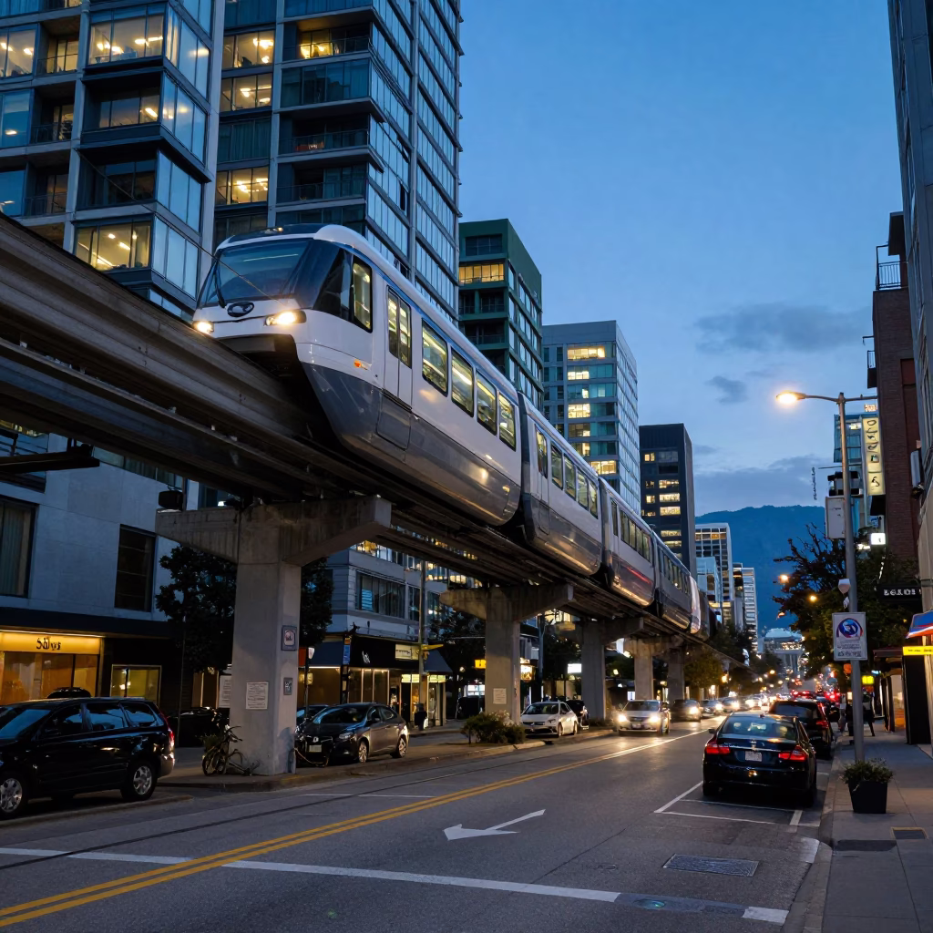 Blue Hour Street Photography of Monorail Passing Over Vancouver Downtown Street with Urban Architecture in in Vancouver, British Columbia, Canada