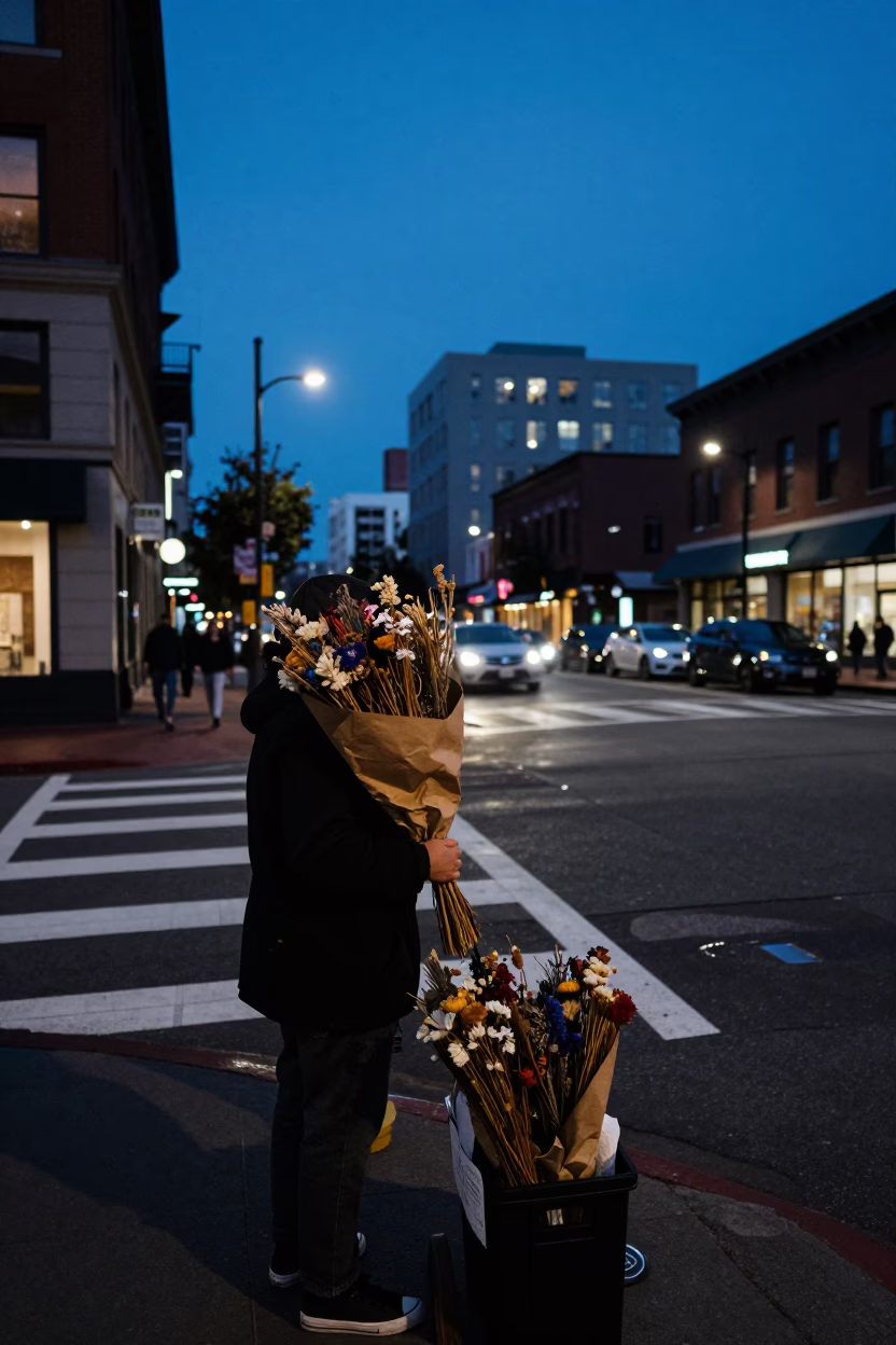 Blue Hour Street Photography of Portland Oregon Downtown with Dried Flower Vendor and Bicycle in in Portland, Oregon, United States