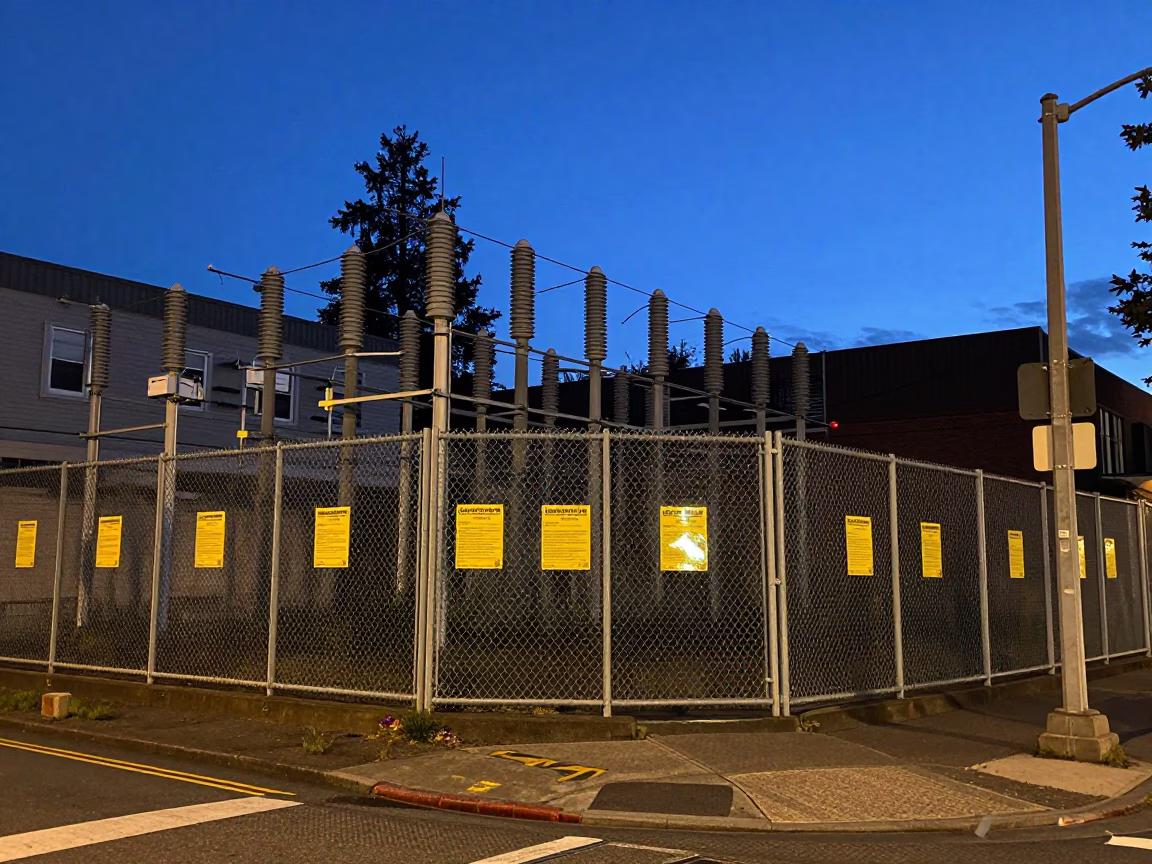 Blue Hour Street Photography of Portland Oregon Substation Fence and Urban Infrastructure in in Portland, Oregon, United States