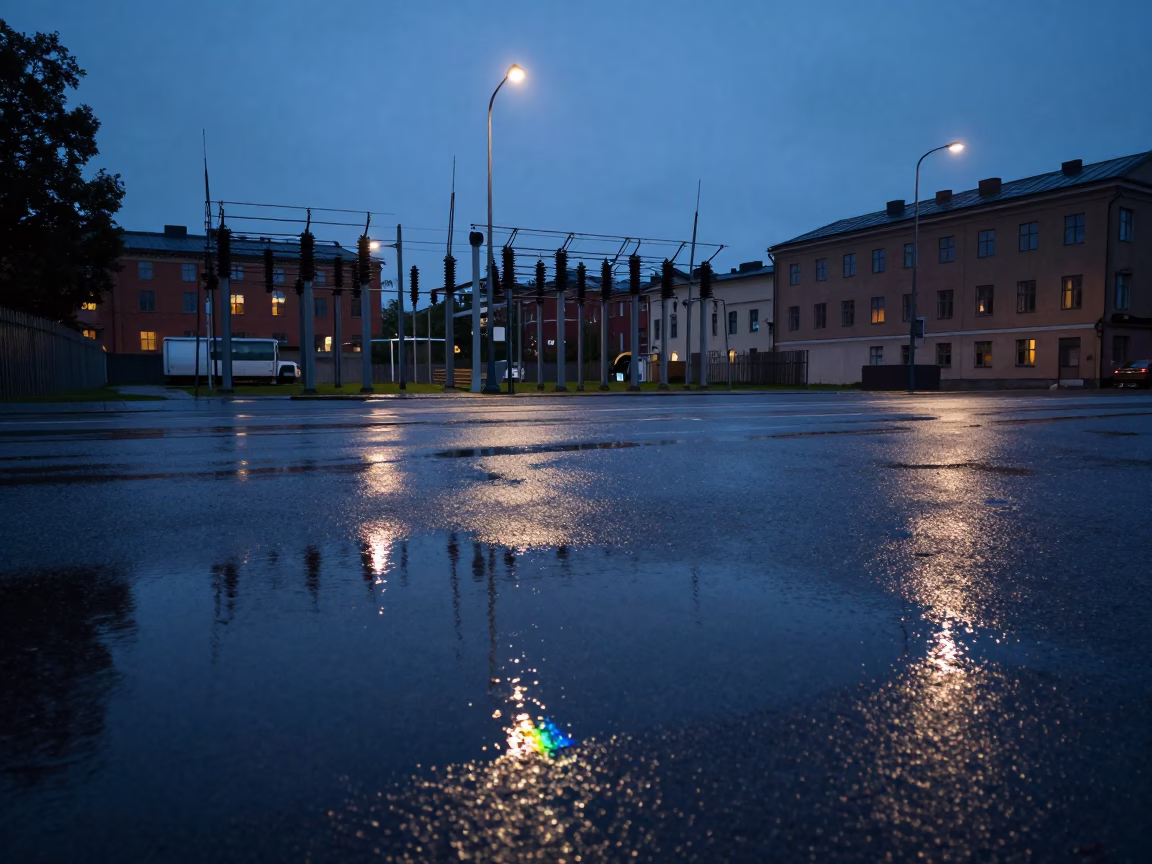 Blue Hour Street Photography of Stockholm Substation Puddle Reflections and Rain in in Stockholm, Sweden