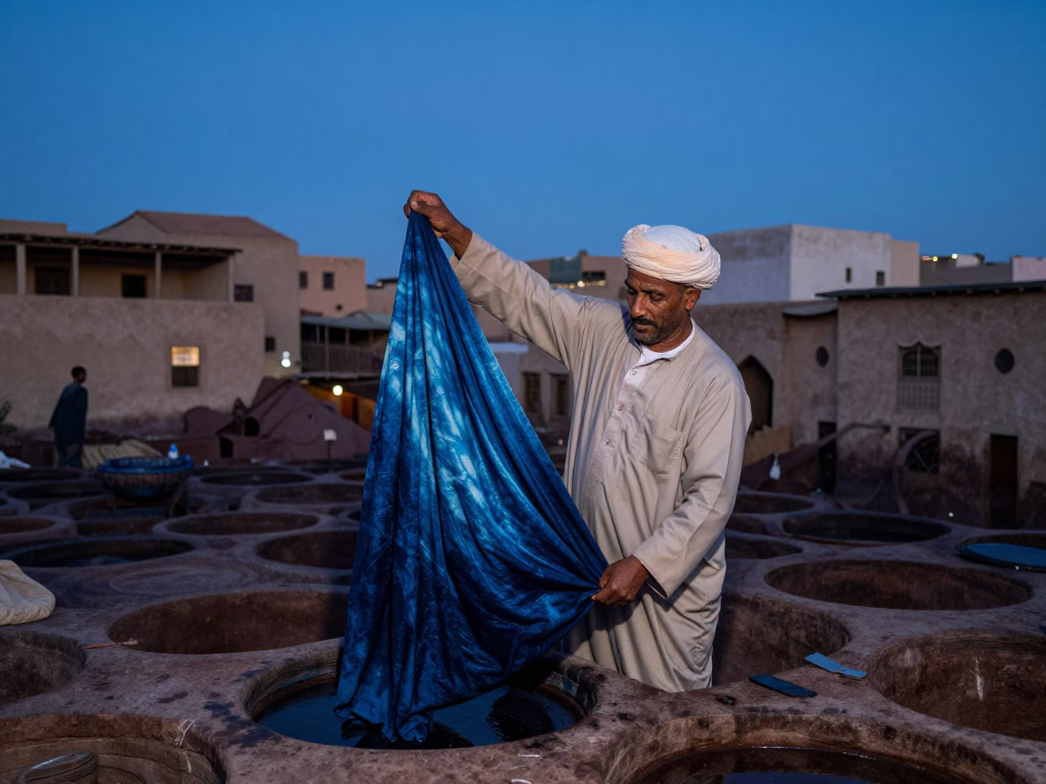 Blue Hour Street Photography of Traditional Leatherworker in Fez Morocco with Indigo Dye in in Fez, Morocco