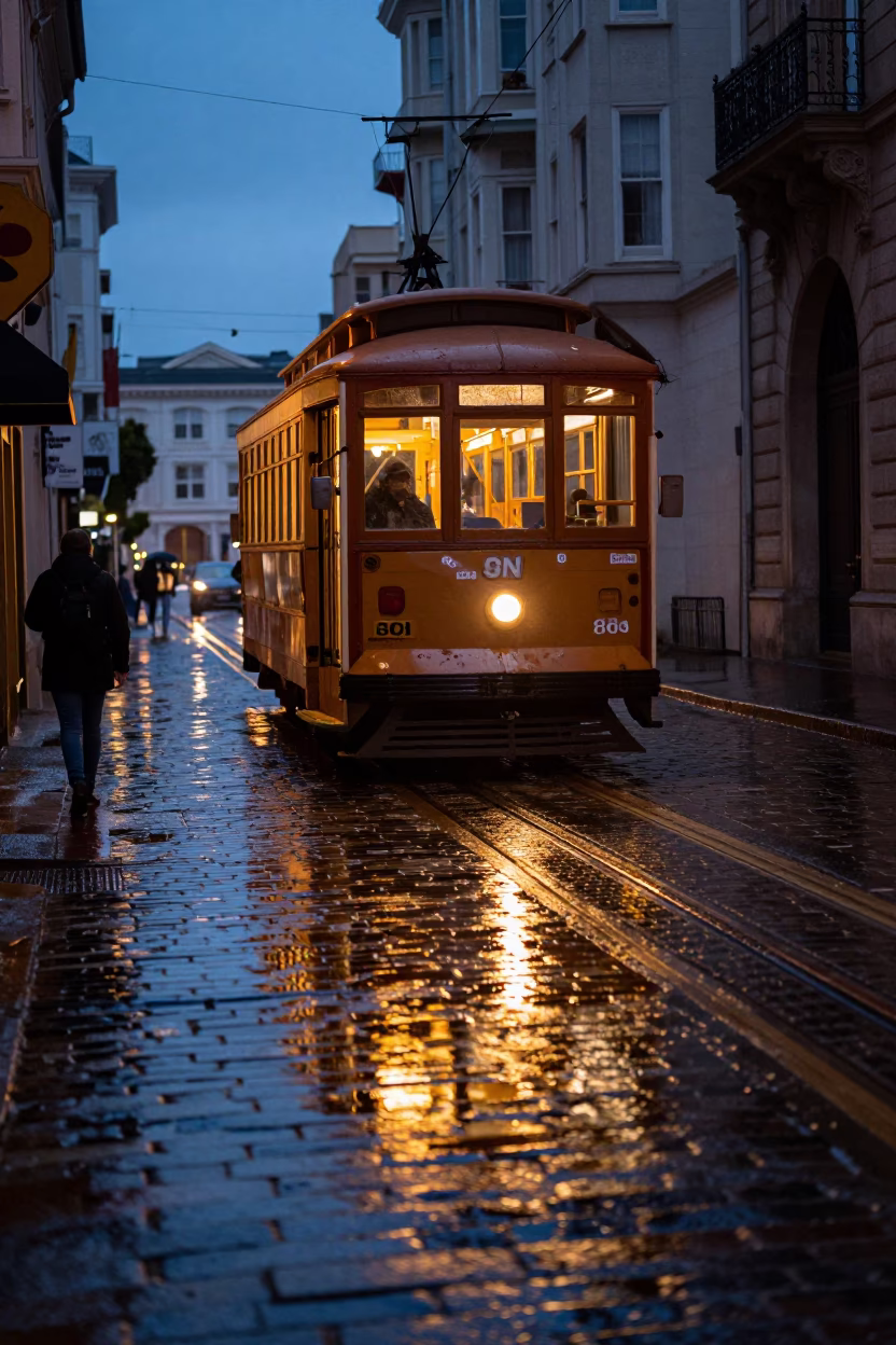 Blue Hour Street Photography of Vintage Tram Reflections on Wet San Francisco Cobblestones in in San Francisco, California, United States