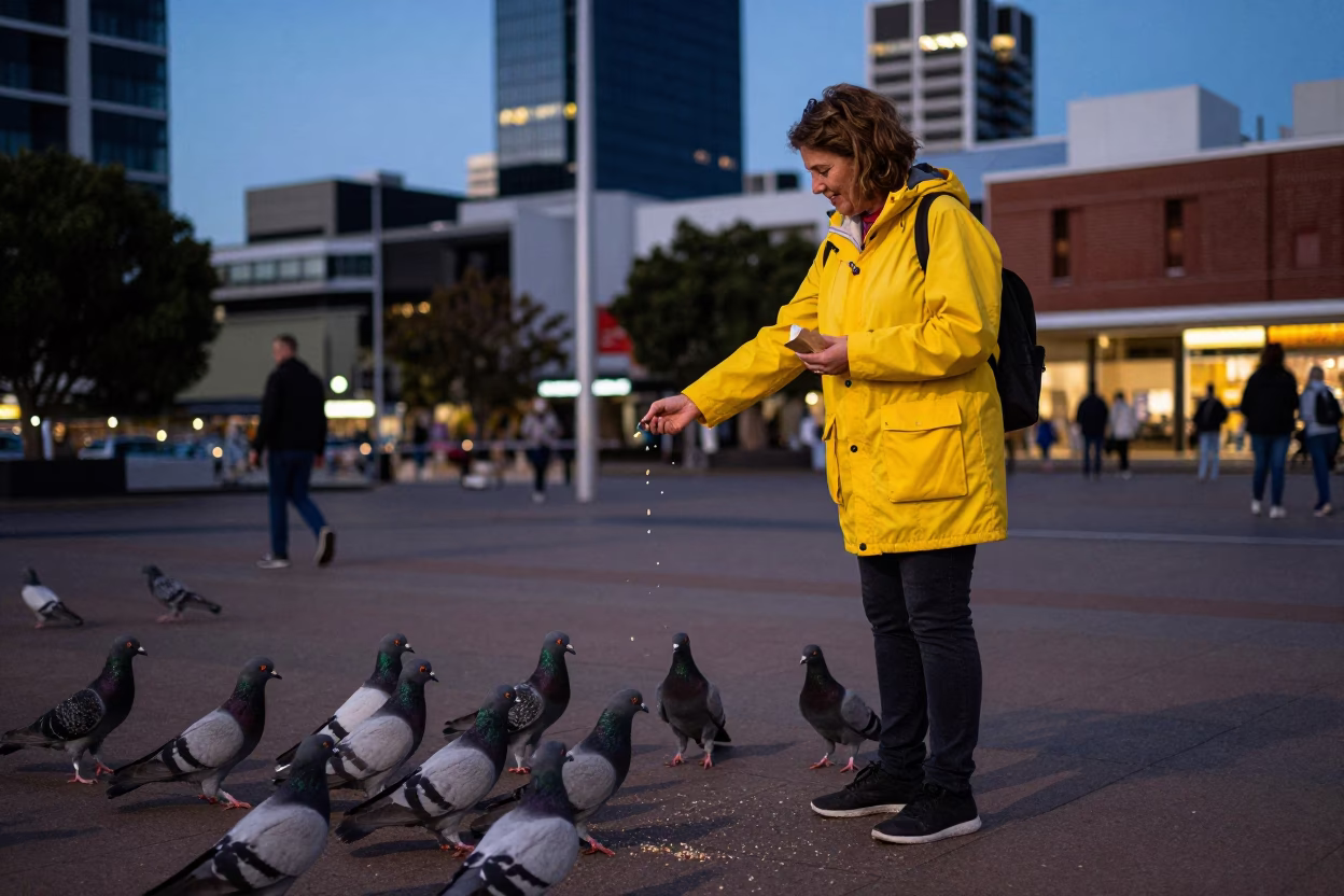 Blue Hour Street Photography of Woman Feeding Pigeons in Perth City Square in in Perth, Western Australia, Australia