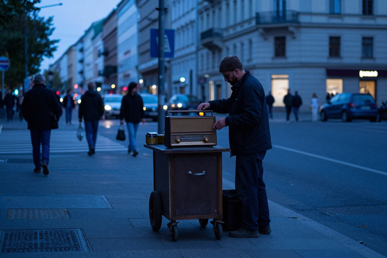 Blue hour street scene Berlin with vintage radio and rolling carts in in Berlin, Germany