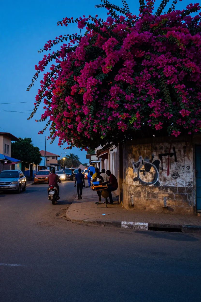 Blue Hour Street Scene in Accra Ghana with Bougainvillea and Local Life in in Accra, Ghana