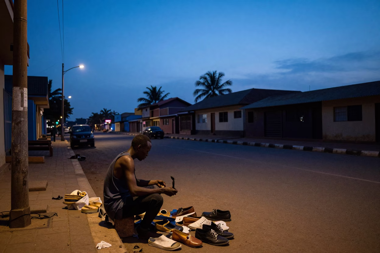 Blue Hour Street Scene in Accra Ghana with Cobbler and Shoe Repair in in Accra, Ghana