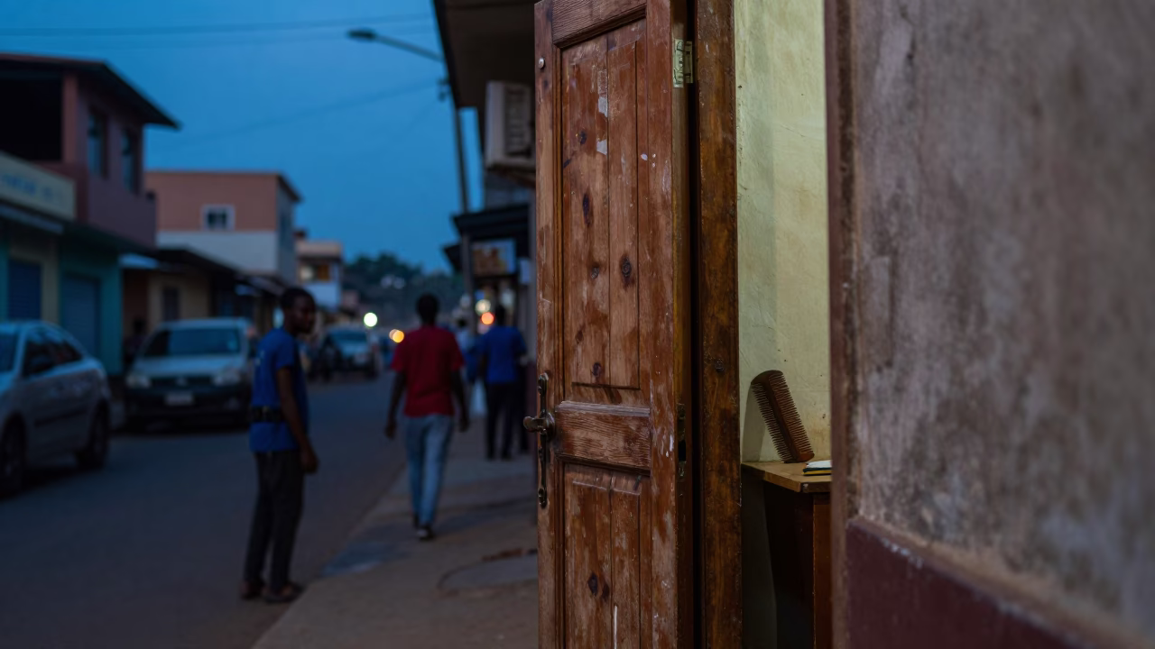 Blue Hour Street Scene in Accra Ghana with Doorframe and Urban Details in in Accra, Ghana