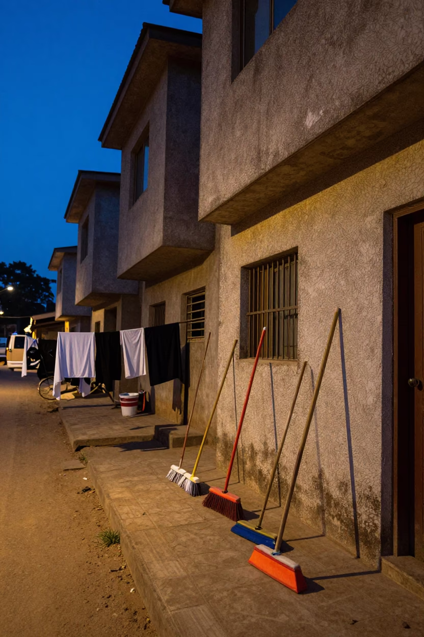 Blue Hour Street Scene in Accra Ghana with Laundry and Brooms Outside in in Accra, Ghana