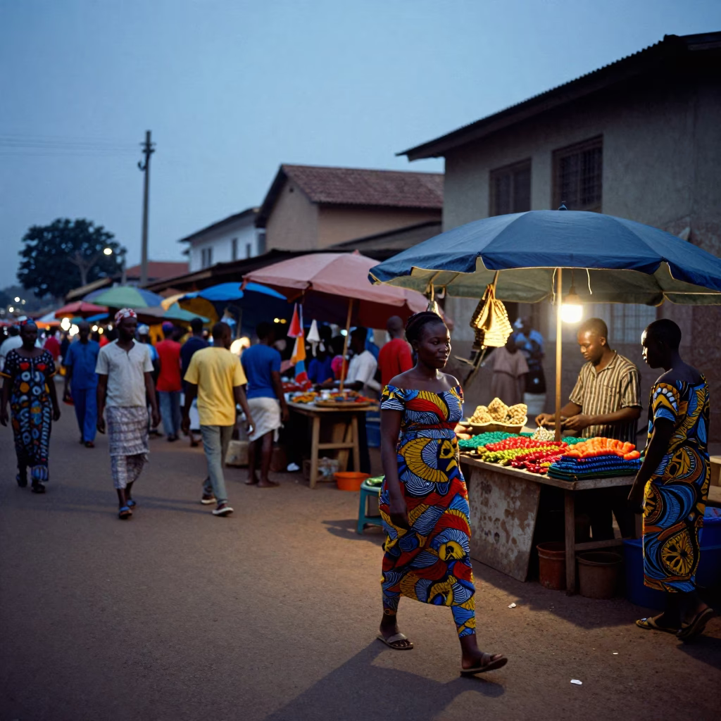 Blue Hour Street Scene in Accra Ghana with Local Market Activity and Traditional Attire in in Accra, Ghana