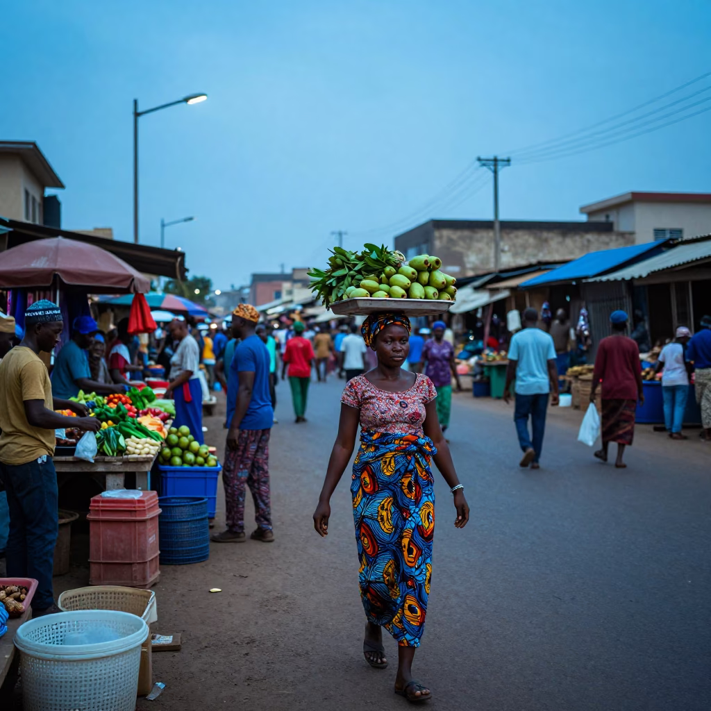 Blue Hour Street Scene in Accra Ghana with Local Market Activity in in Accra, Ghana