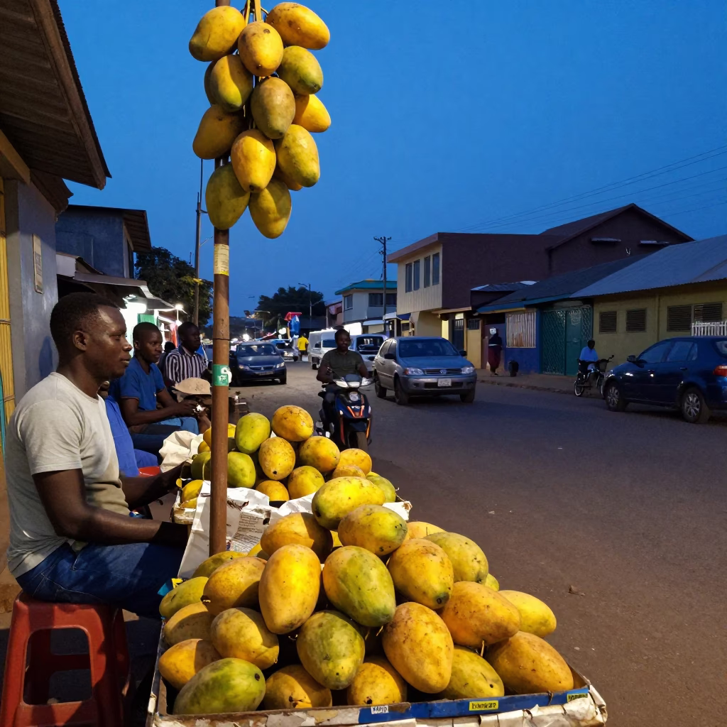 Blue Hour Street Scene in Accra Ghana with Mangoes and Local Life in in Accra, Ghana