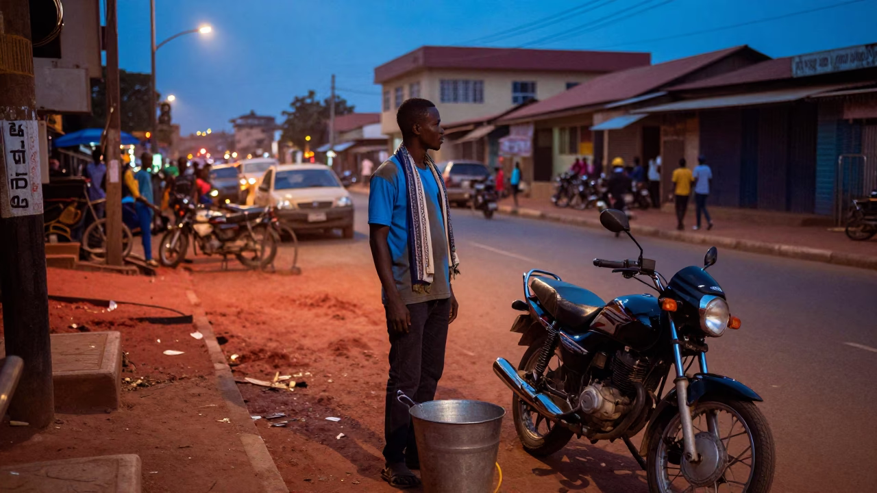 Blue Hour Street Scene in Accra Ghana with Metal Bucket and Scarf in in Accra, Ghana