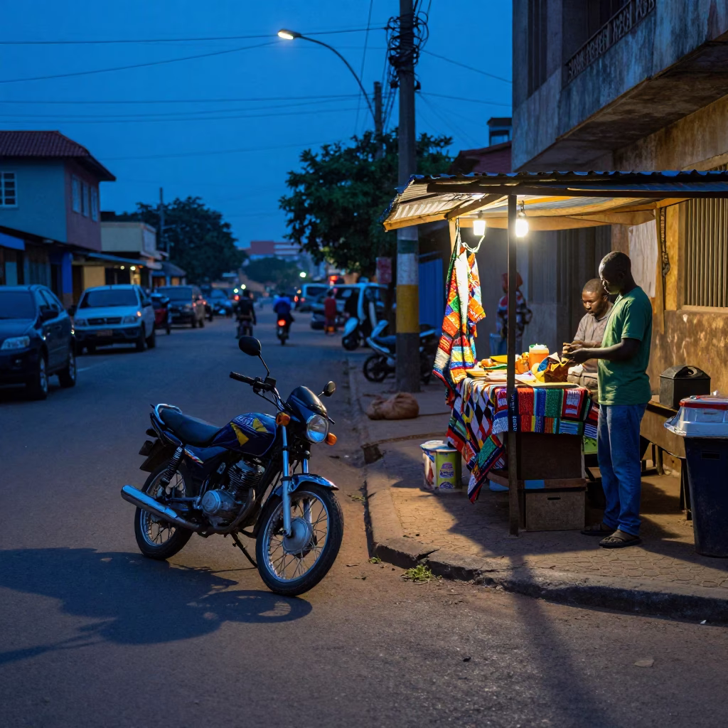 Blue Hour Street Scene in Accra Ghana with Motorcycle and Quilt in in Accra, Ghana