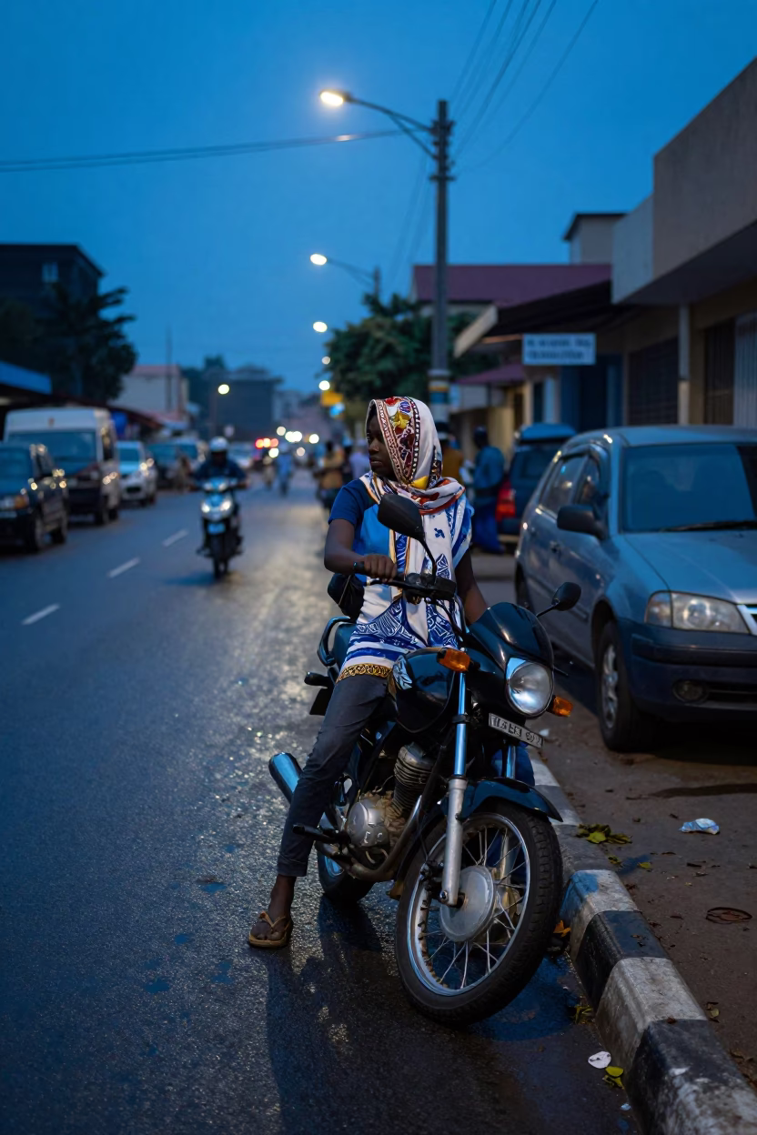 Blue Hour Street Scene in Accra Ghana with Motorcycle and Scarf Detail in in Accra, Ghana