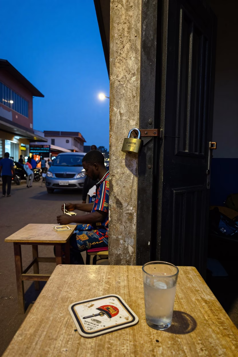 Blue Hour Street Scene in Accra Ghana with Padlock and Coaster Details in in Accra, Ghana