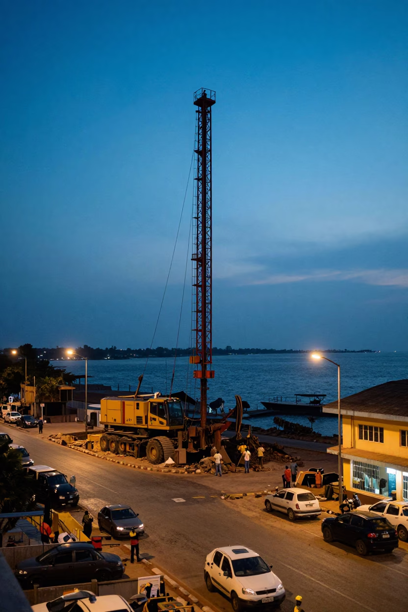 Blue Hour Street Scene in Accra Ghana with Pile Driver Construction and Harbor View in in Accra, Ghana