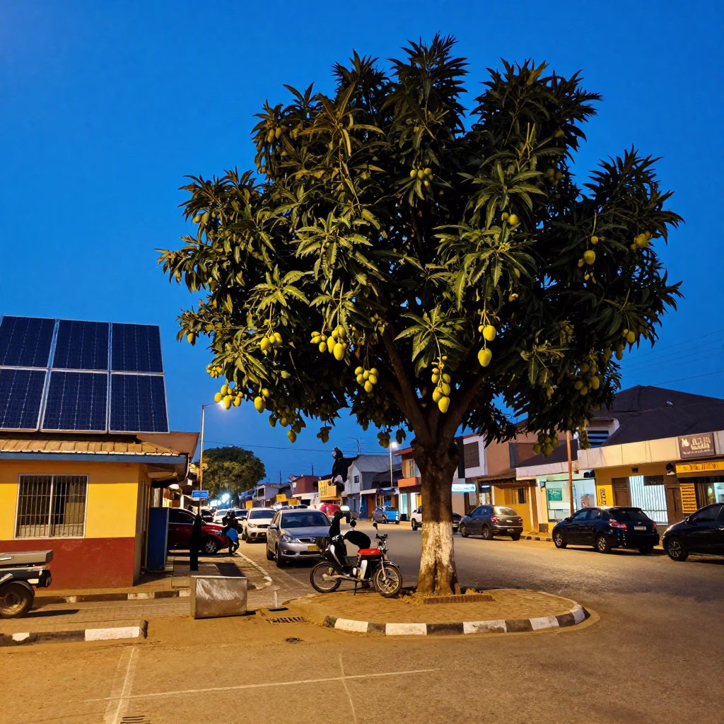 Blue Hour Street Scene in Accra Ghana with Solar Panels and Mango Tree in in Accra, Ghana
