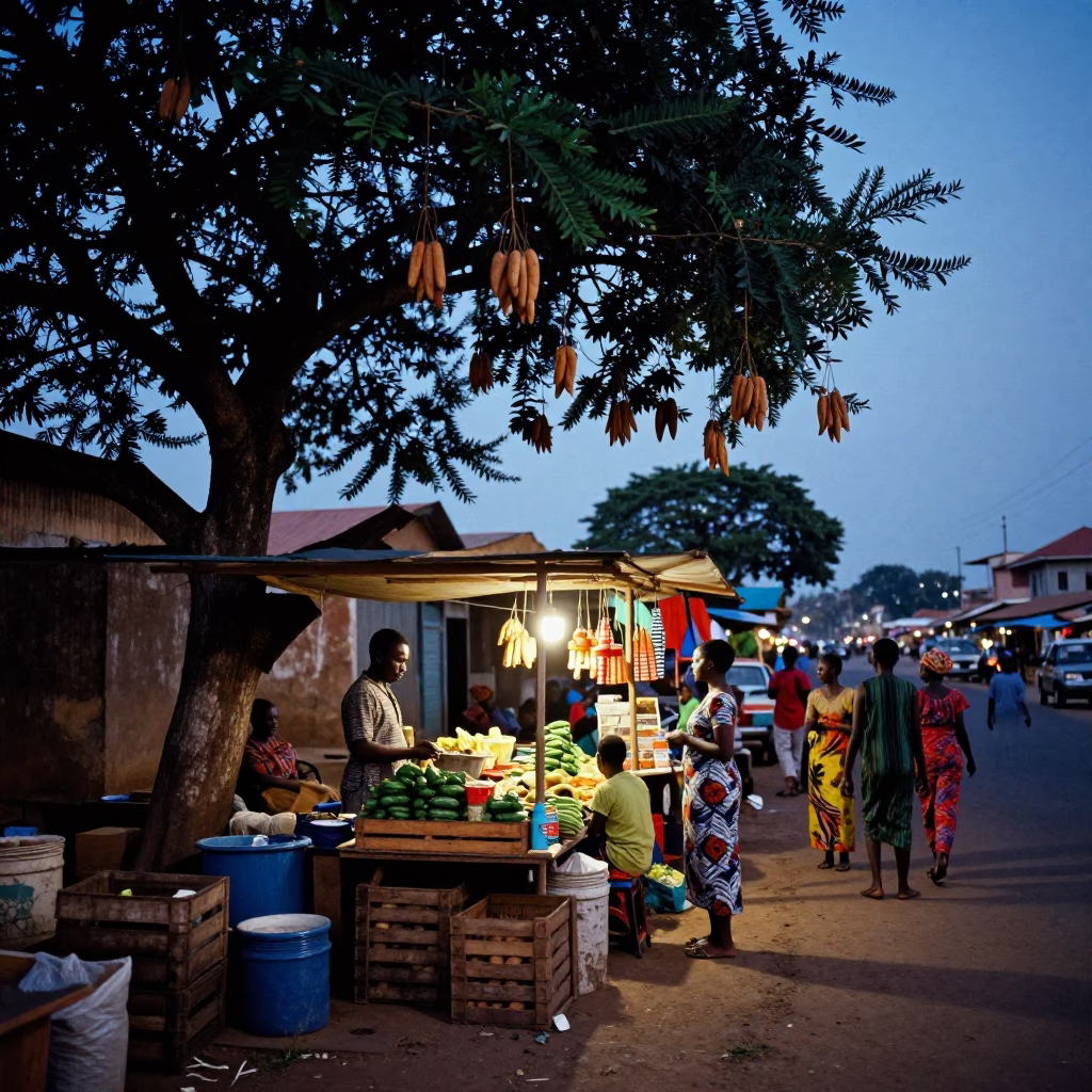 Blue Hour Street Scene in Accra Ghana with Tamarind Tree and Local Market Activity in in Accra, Ghana