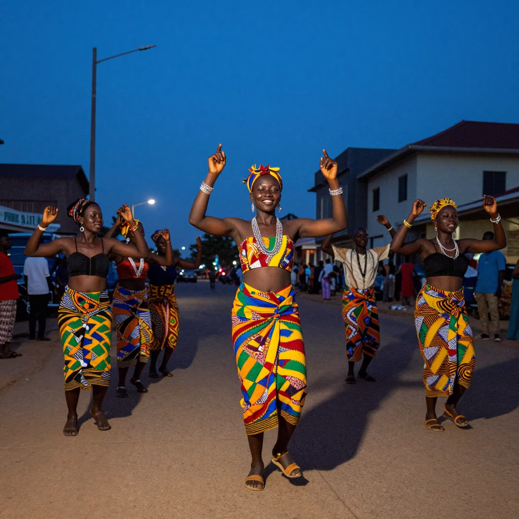 Blue Hour Street Scene in Accra Ghana with Traditional Folk Dance and Colorful Scarves in in Accra, Ghana