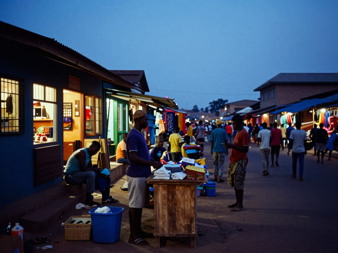 Blue Hour Street Scene in Accra Ghana with Vibrant Market Activity in in Accra, Ghana