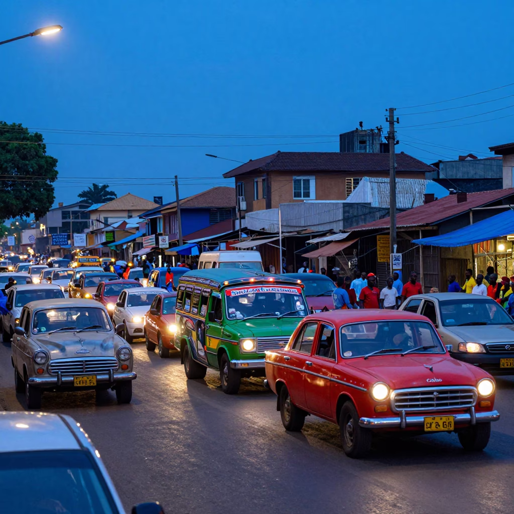Blue Hour Street Scene in Accra Ghana with Vintage Car Rally and Market Traffic in in Accra, Ghana