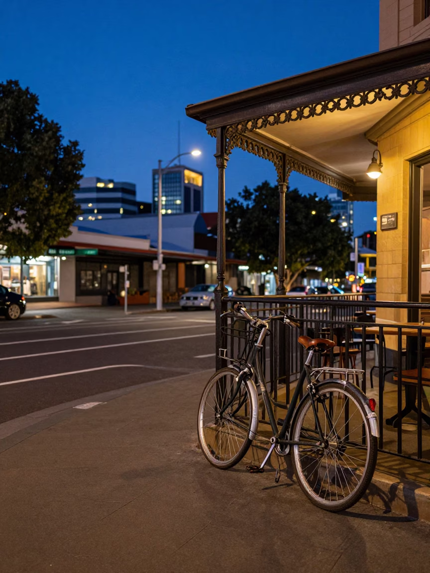 Blue Hour Street Scene in Adelaide South Australia with Bicycle and Cafe in in Adelaide, South Australia, Australia