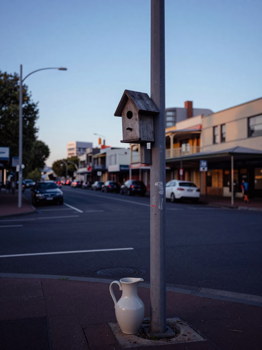 Blue Hour Street Scene in Adelaide South Australia with Birdhouse and Ceramic Pitcher in in Adelaide, South Australia, Australia