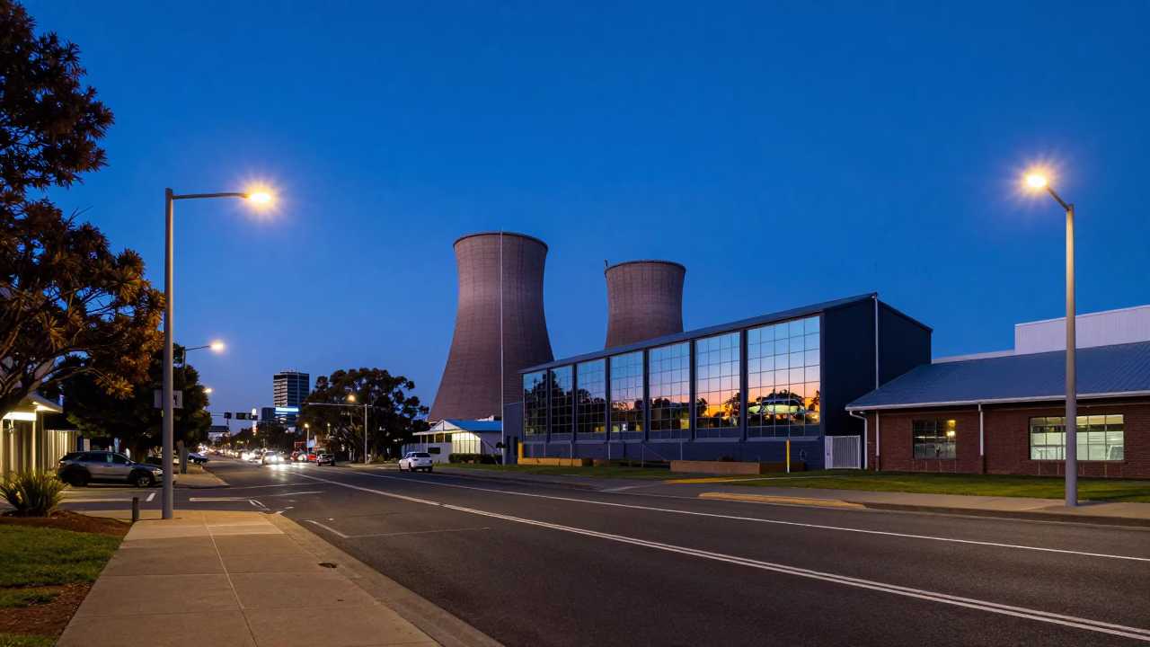 Blue Hour Street Scene in Adelaide South Australia with Dam Powerhouse and Urban Reflections in in Adelaide, South Australia, Australia