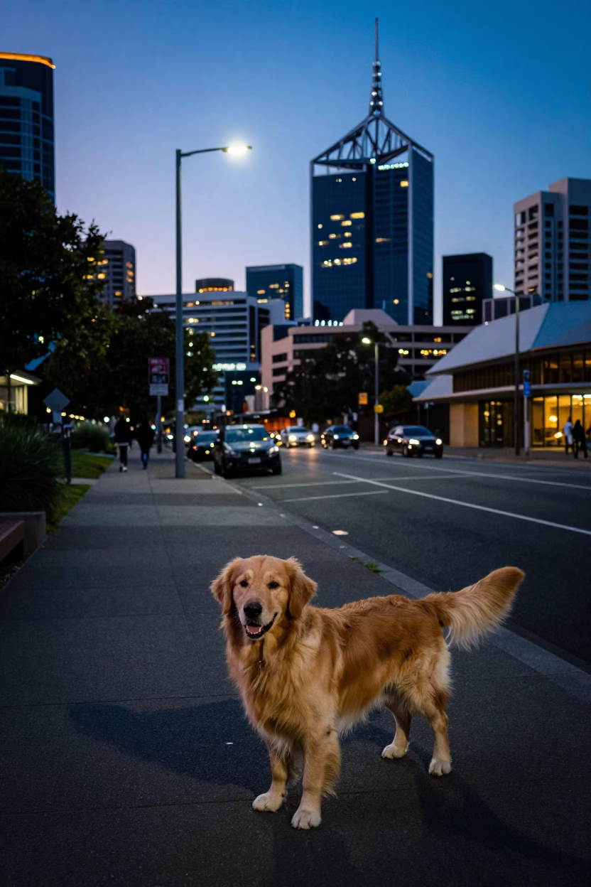 Blue Hour Street Scene in Adelaide South Australia with Golden Retriever and Urban Architecture in in Adelaide, South Australia, Australia