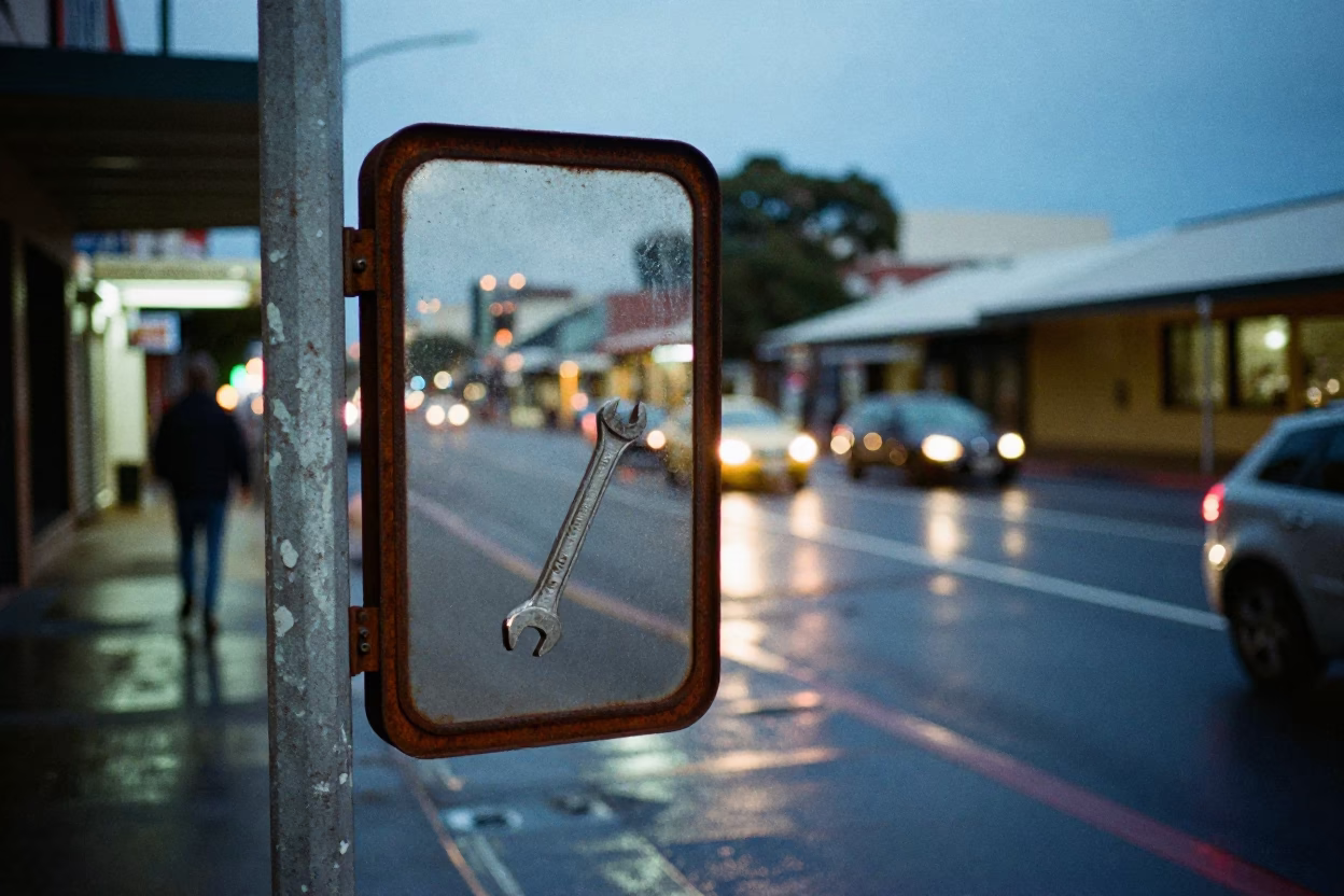 Blue Hour Street Scene in Adelaide South Australia with Rusty Mirror and Wrench in in Adelaide, South Australia, Australia