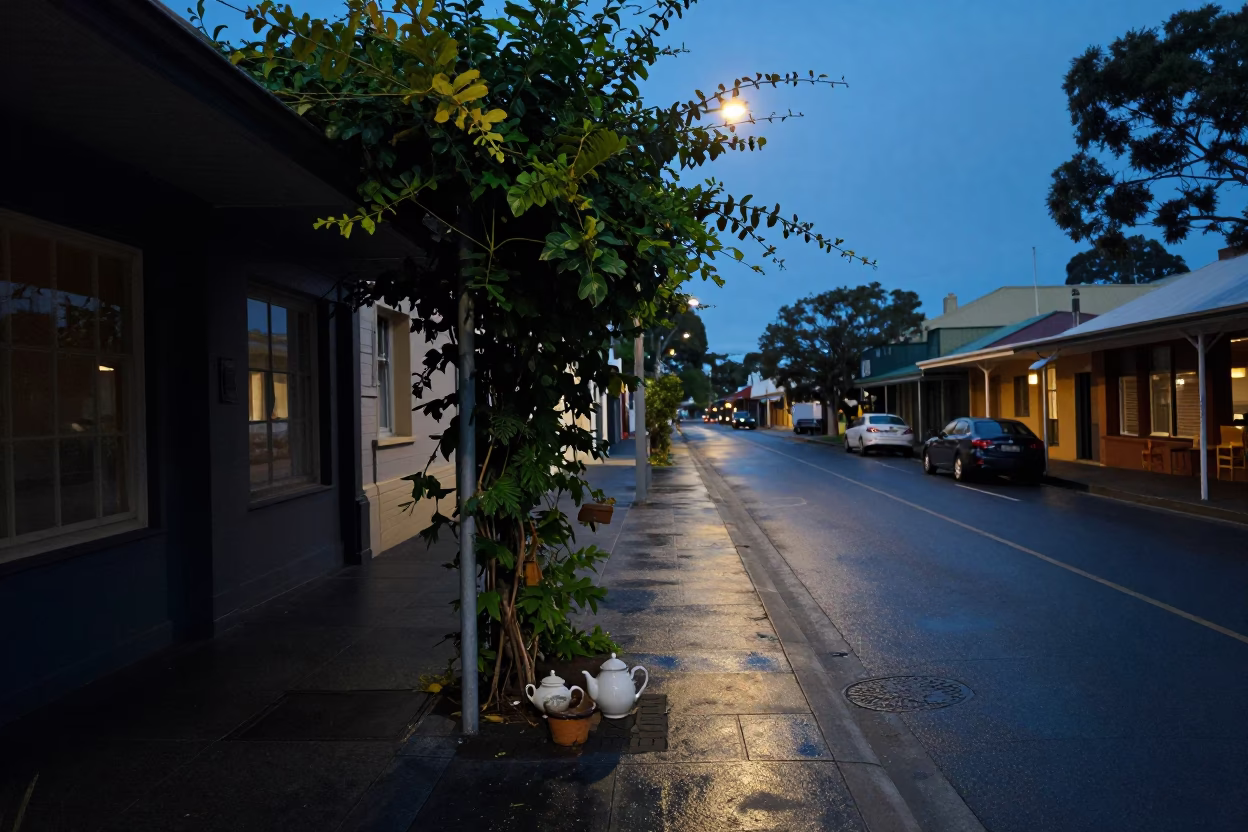 Blue Hour Street Scene in Adelaide South Australia with Vine and Teapot in in Adelaide, South Australia, Australia