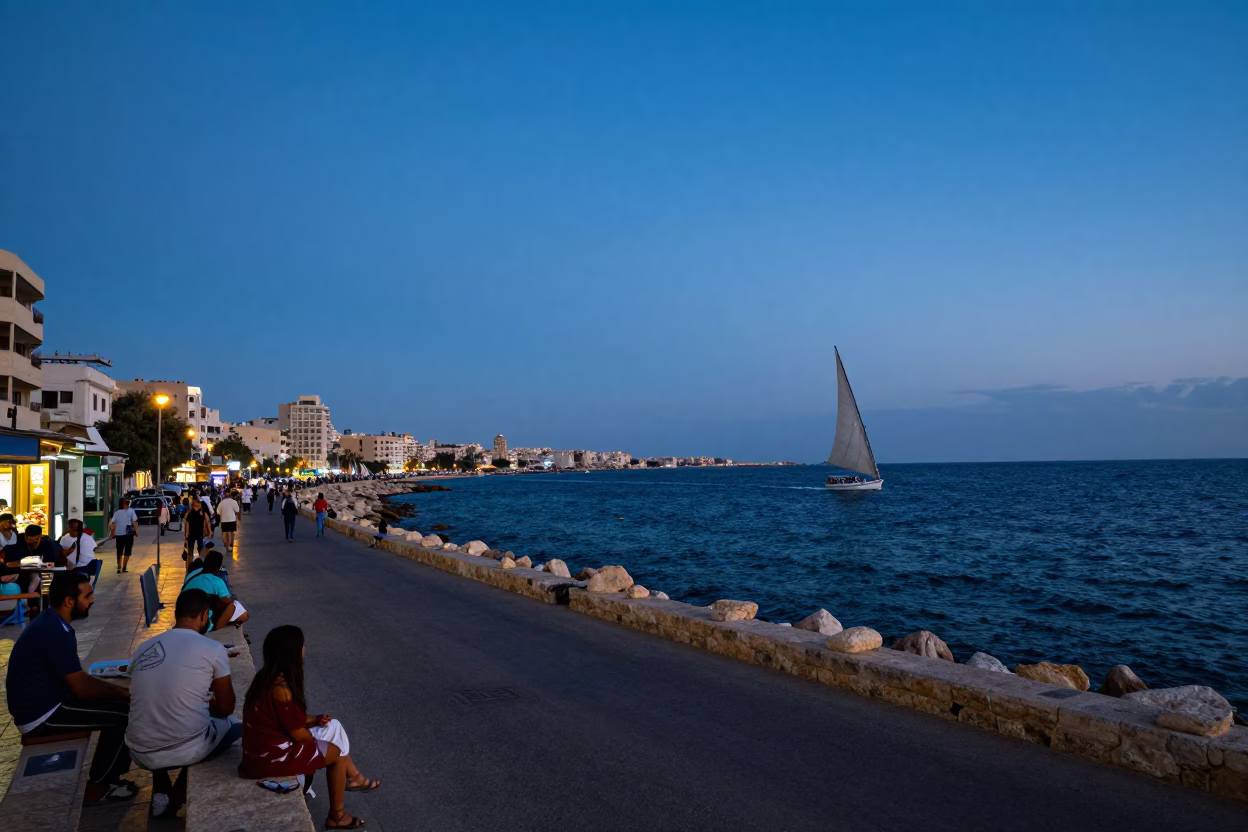 Blue Hour Street Scene in Alexandria Egypt with Distant Sailboat and Local Life in in Alexandria, Egypt