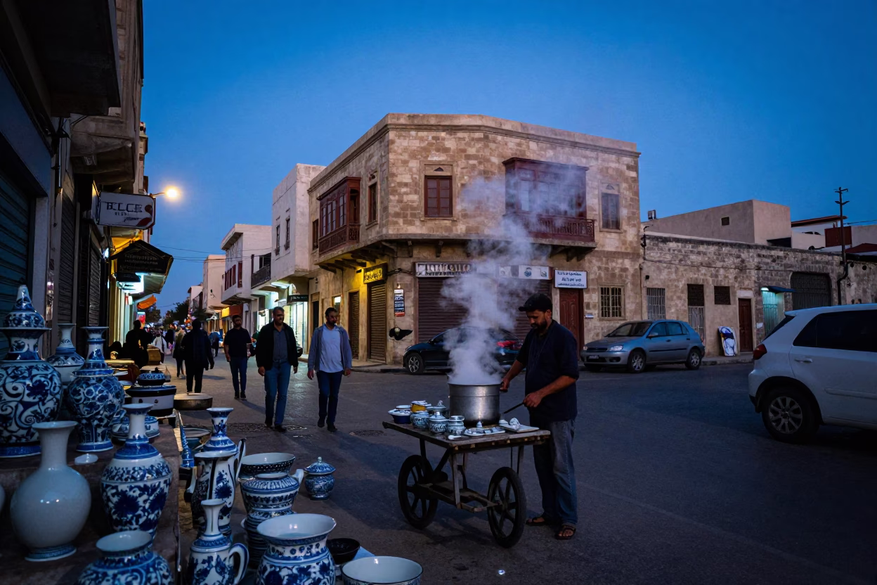 Blue Hour Street Scene in Alexandria Egypt with Porcelain and Steam in in Alexandria, Egypt
