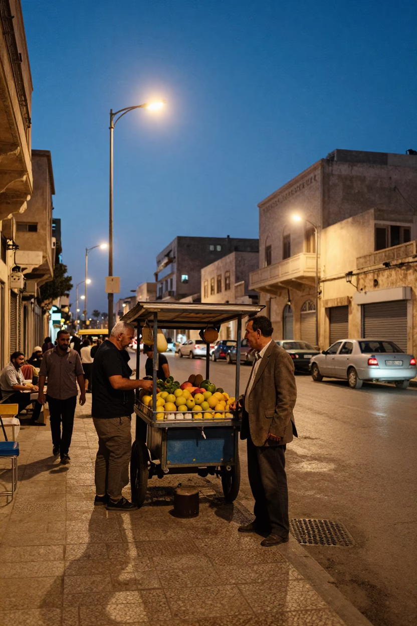 Blue Hour Street Scene in Alexandria Egypt with Vintage 1980s Aesthetic in in Alexandria, Egypt