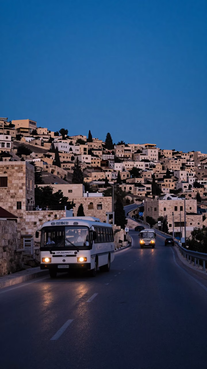 Blue Hour Street Scene in Amman Jordan with Classic Bus and Traditional Tea in in Amman, Jordan