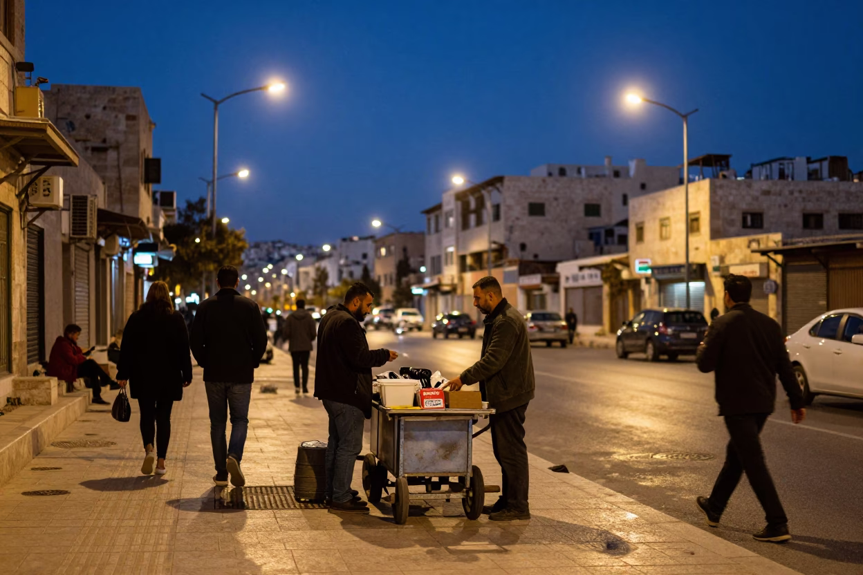 Blue Hour Street Scene in Amman Jordan with Local Vendor and Pedestrians in in Amman, Jordan