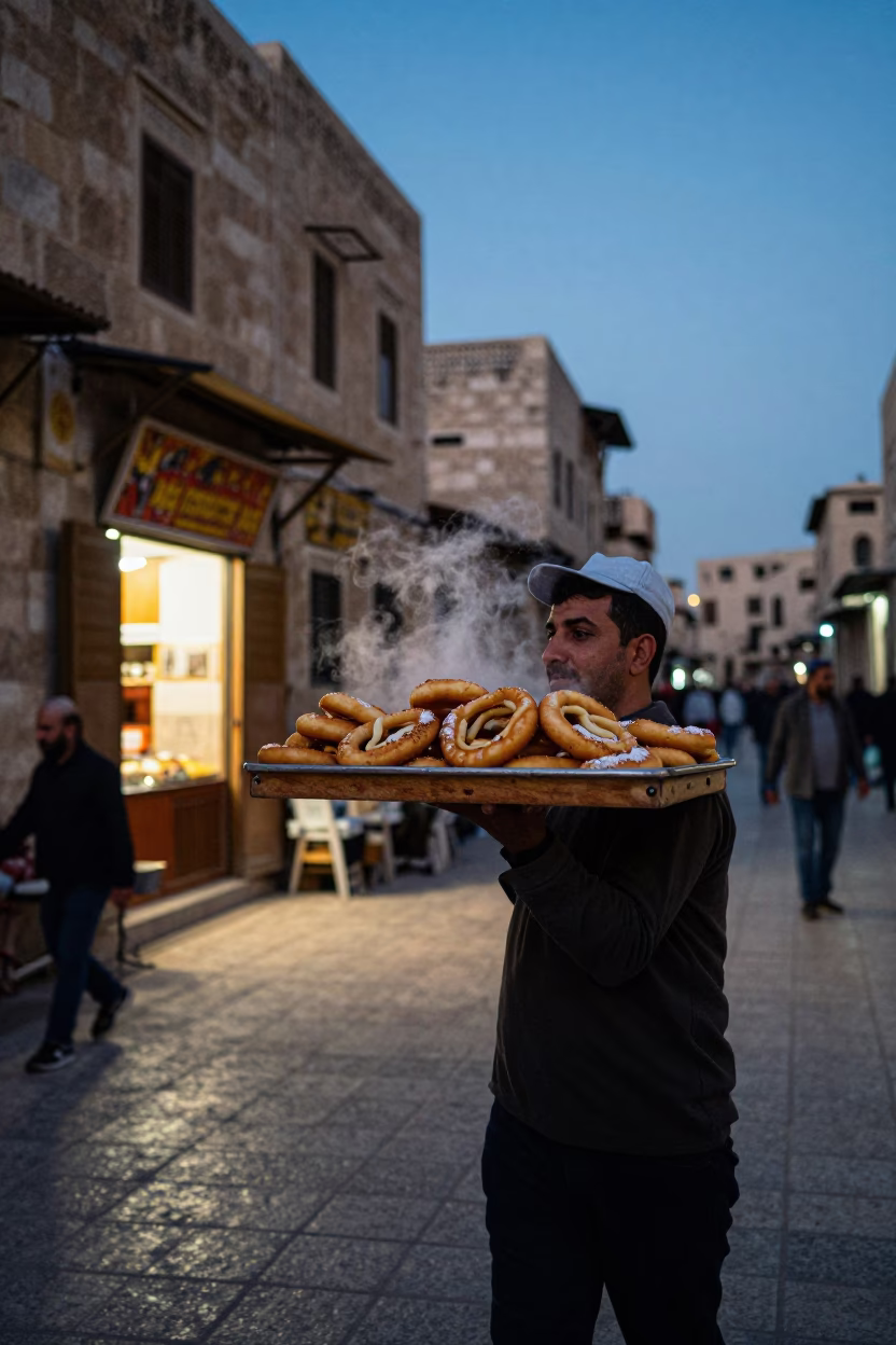 Blue Hour Street Scene in Amman Jordan with Traditional Mandazi Tray and Historic Architecture in in Amman, Jordan