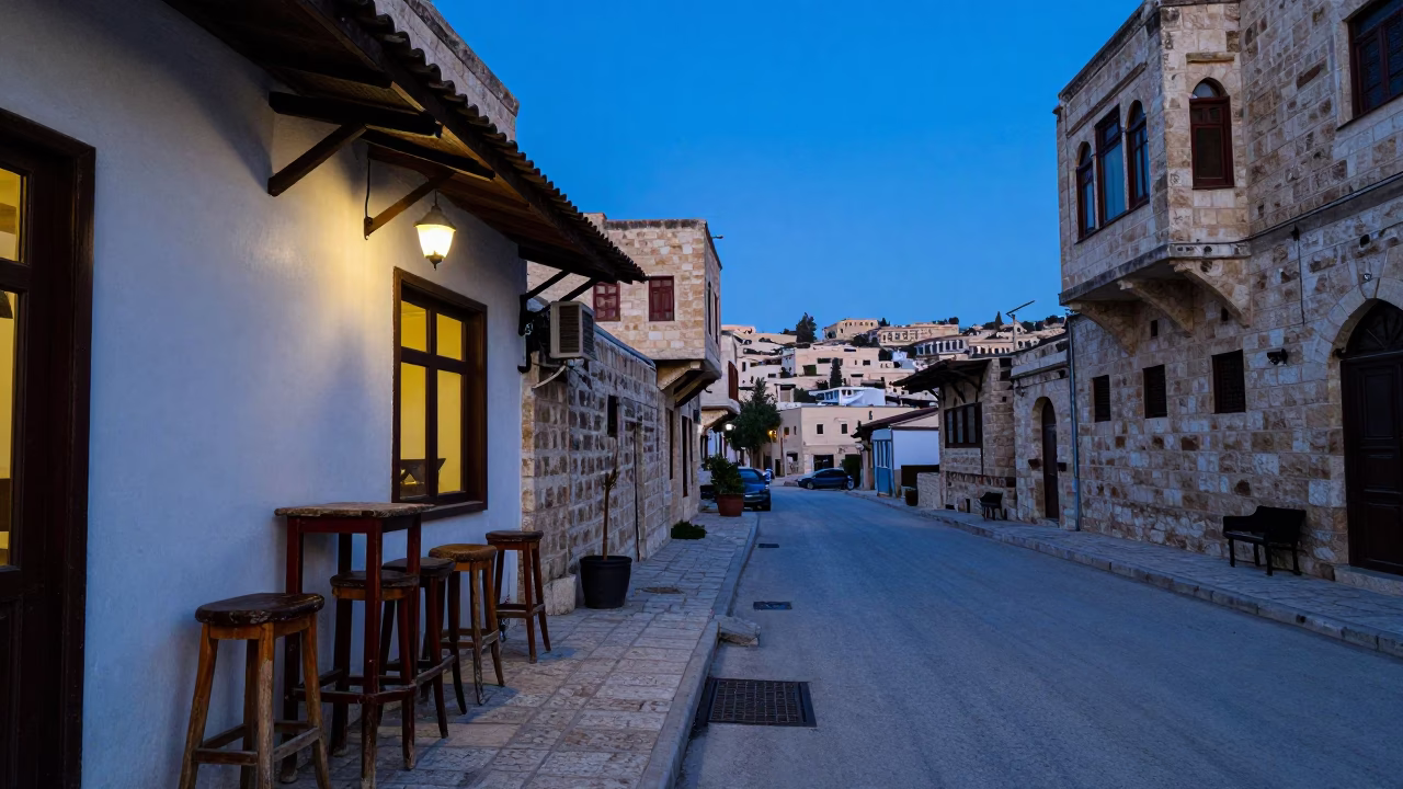Blue Hour Street Scene in Amman Jordan with Vintage Bar Stools and Local Interaction in in Amman, Jordan