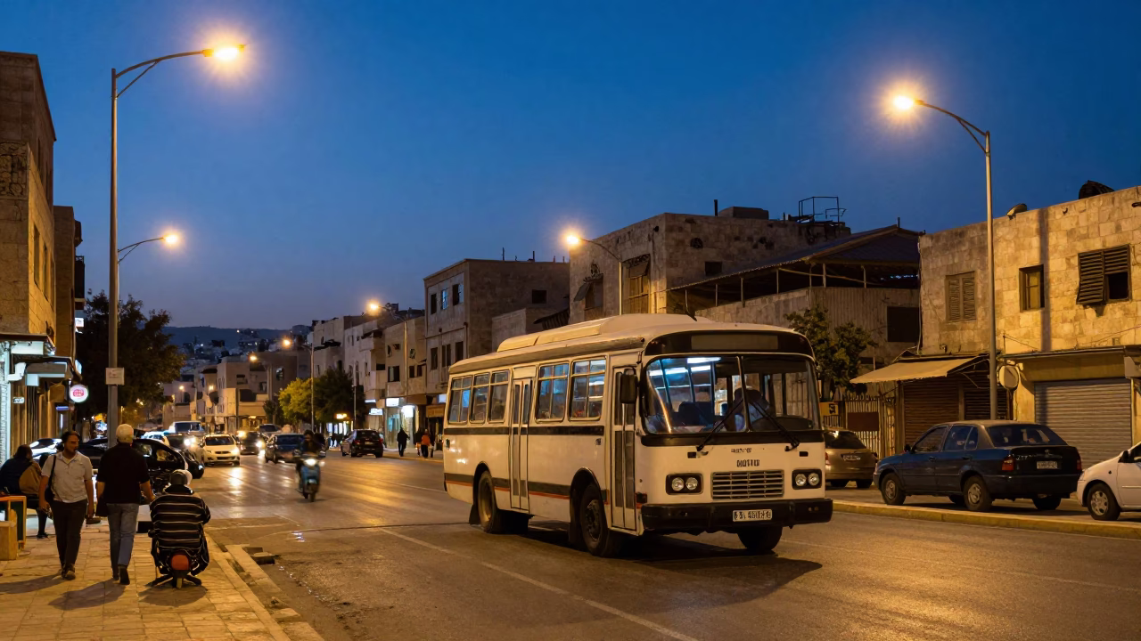 Blue Hour Street Scene in Amman Jordan with Vintage Bedford Bus and Local Life in in Amman, Jordan