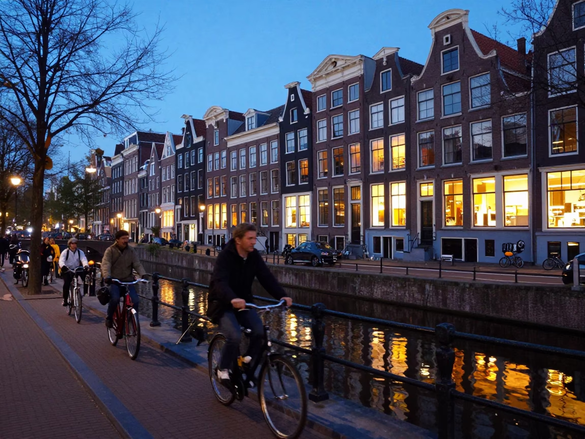 Blue Hour Street Scene in Amsterdam Netherlands with Cyclists and Canal Reflections in in Amsterdam, Netherlands